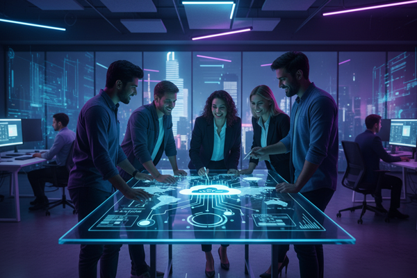 Professional team collaborating in a modern office